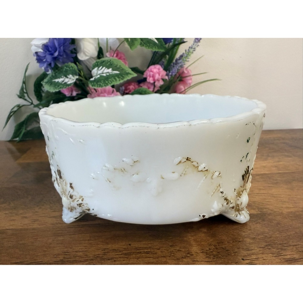 Antique Victorian Milk Glass‎ Footed Bowl Embossed Floral Scroll Design Wedding